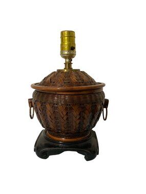 Vintage Woven Wicker Table Lamp With Wooden Base